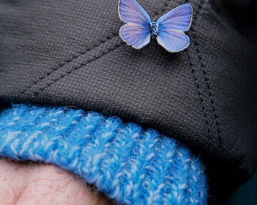 Close-up shot of a small, vibrant blue butterfly resting on dark charcoal grey textured fabric with detailed stitching