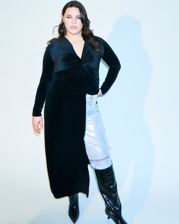 Future Talent Fabrics by Alectra Rothschild: Alectra wearing a long, draped black long-sleeve dress styled with contrasting white jeans