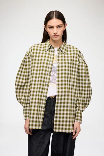 Model wearing check shirt