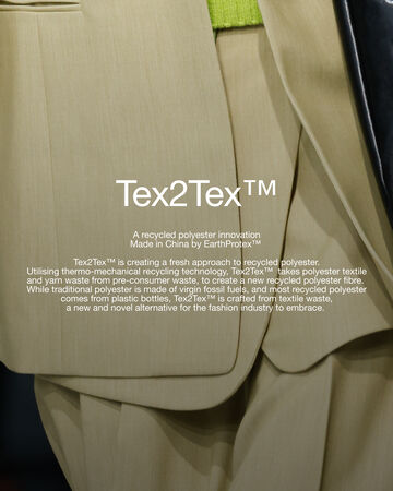 View of a person walking wearing a beige matching suit featuring circular white text overlay reading Tex2Tex