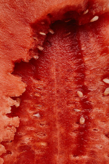 Macro close-up view highlighting the cellular, fibrous red flesh and tiny seeds of a ripe watermelon