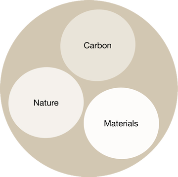 Diagram displaying three sets of overlapping circles mapping corporate strategic pillars; Carbon, Nature and Materials