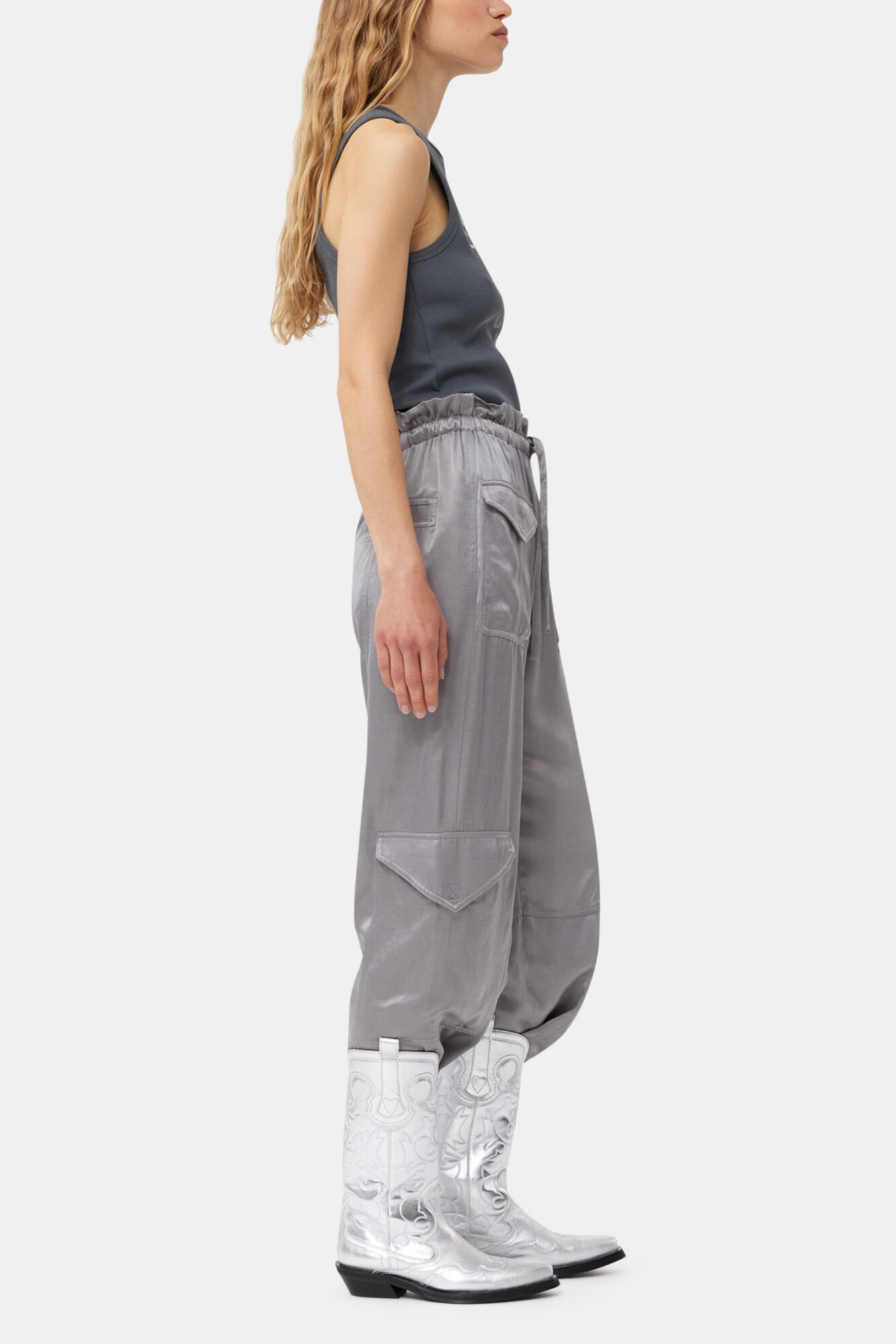 Silver Mid Shaft Embroidered Western Boots, Recycled Polyester, in colour Silver - 3 - GANNI