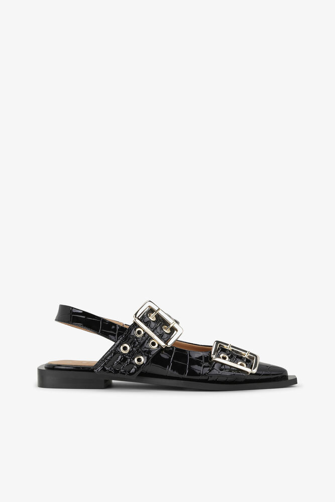 Feminine Buckle Ballerinas in Black Croco , Black