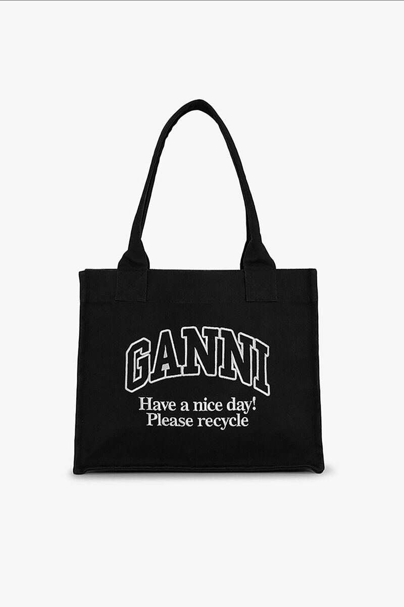 Large Tote Bag in Black, Recycled Cotton, in colour Phantom - 1 - GANNI