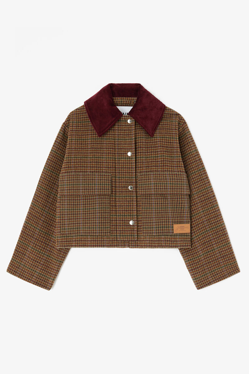 Jacke aus kariertem Twill, Recycled Wool, in colour Multicolour - 1 - GANNI