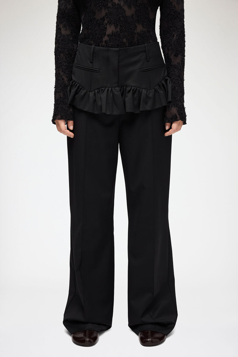 Trousers in Black Wool, Recycled Polyethylene Terephthalate, in colour Black - 2 - GANNI