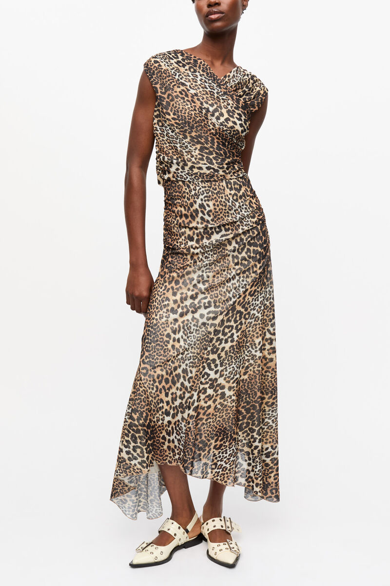 Leopard Marl Mesh Long Ruched Crossover Dress, Recycled Polyester, in colour Leopard - 1 - GANNI