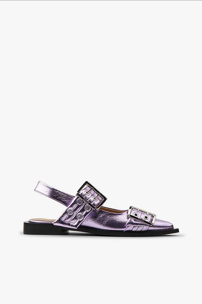 Pink Metallic Feminine Buckle Ballerinas, Recycled Leather, in colour Pink Lavender - 1 - GANNI