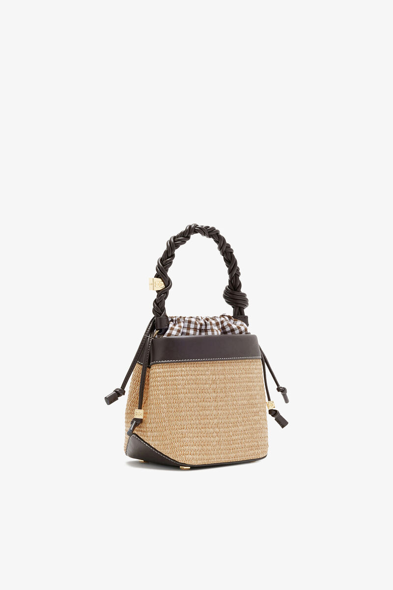 Bou Bucket Bag in Straw, Recycled Leather, in colour Seal Brown - 2 - GANNI