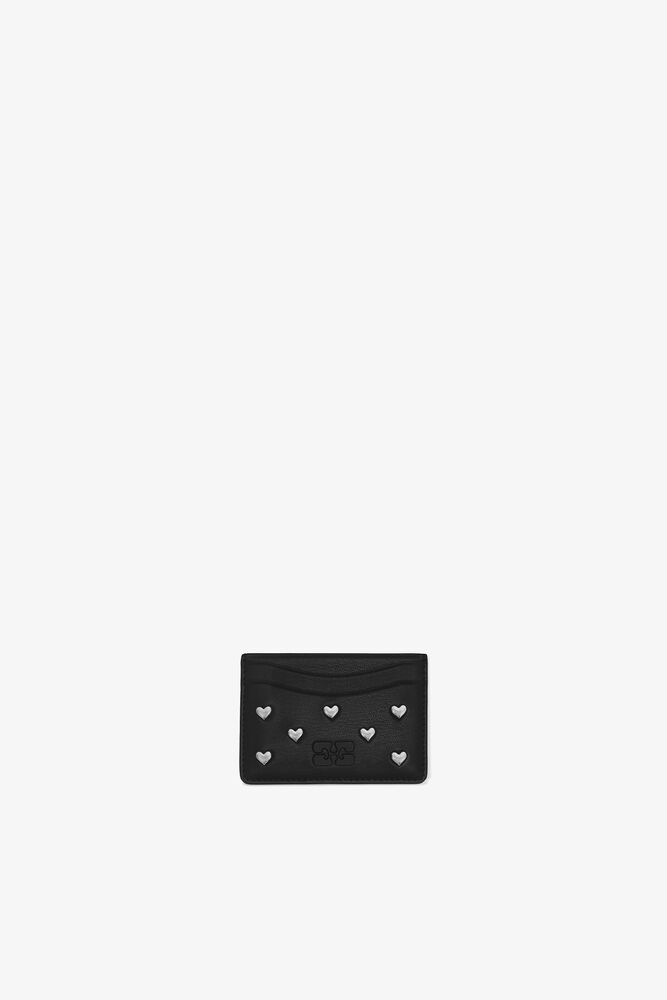Bou Card Holder with Heart Studs in Black, Black
