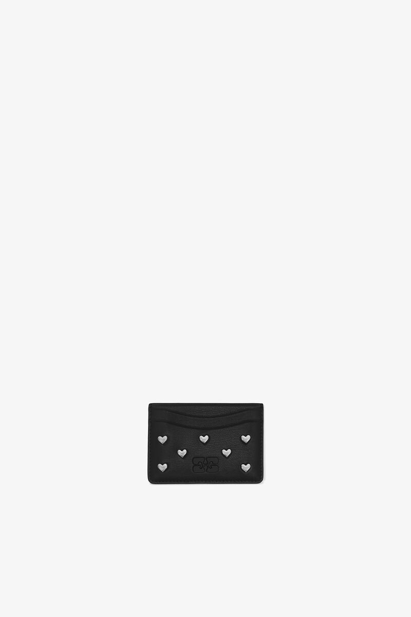 Bou Card Holder with Heart Studs in Black, Recycled Leather, in colour Black - 1 - GANNI