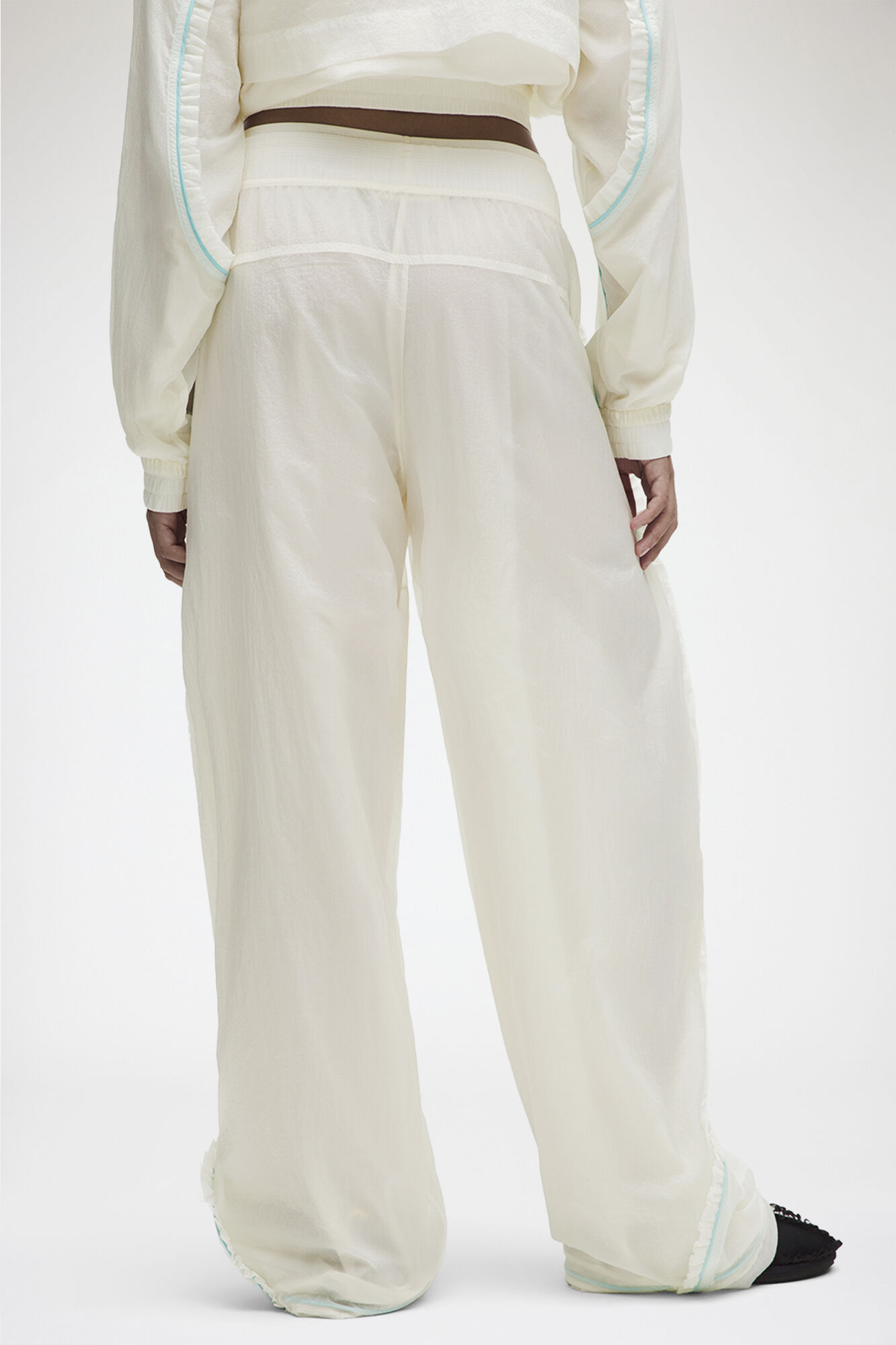 Ruffle-Trim Textured MR Pants, Recycled Polyamide, in colour Coconut Ivory - 3 - GANNI