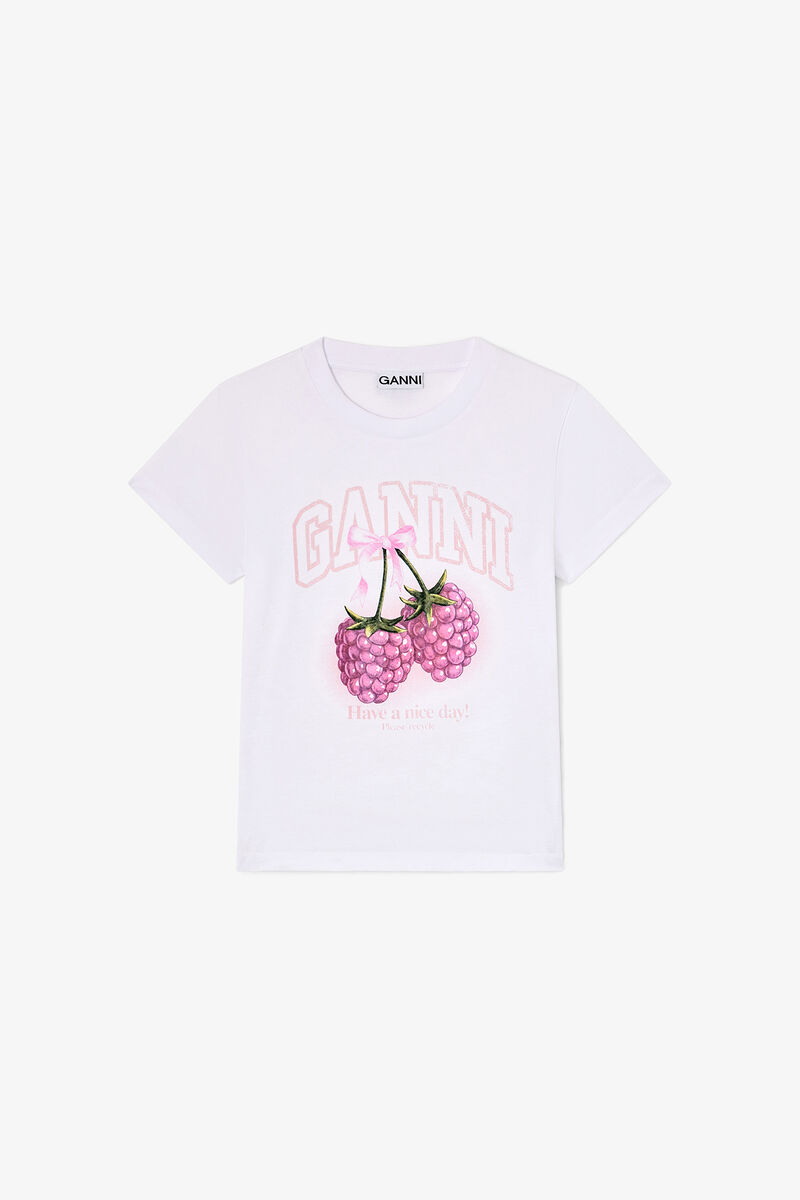 Baby Fit T-shirt with Raspberry, Organic Cotton, in colour Bright White - 1 - GANNI