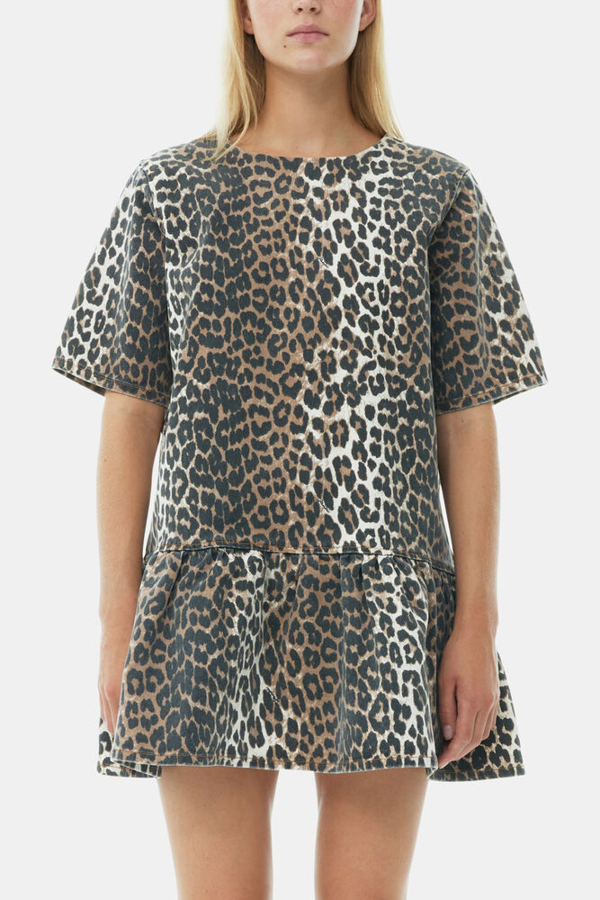 Leopard Open-back Mini Denim Dress, Leopard