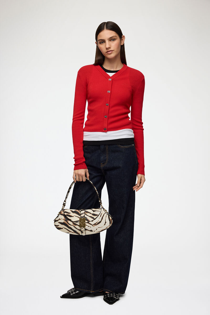 Cardigan in Red Merino, Wool, in colour Goji Berry - 2 - GANNI