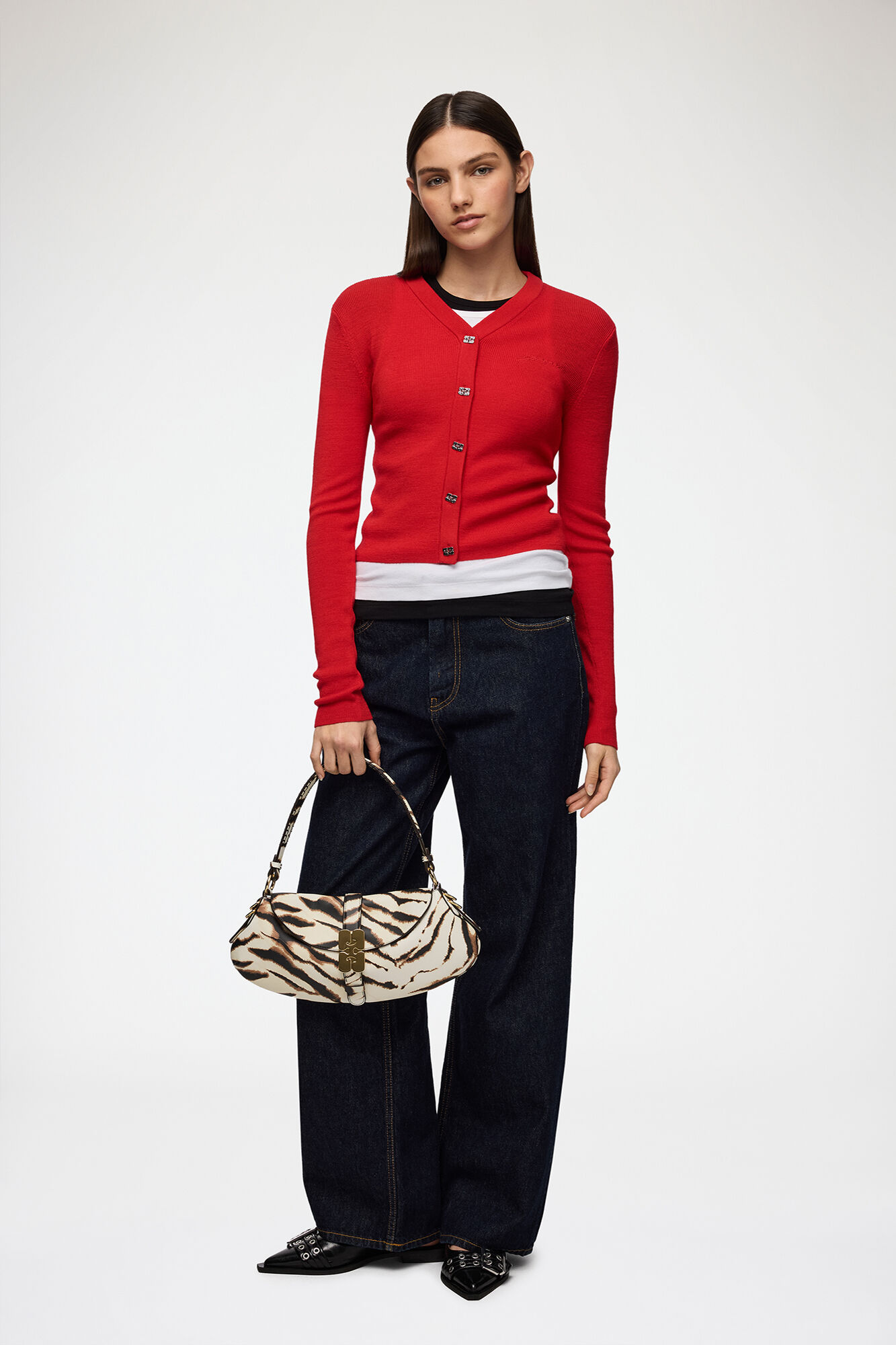 Cardigan in Red Merino, Wool, in colour Goji Berry - 2 - GANNI