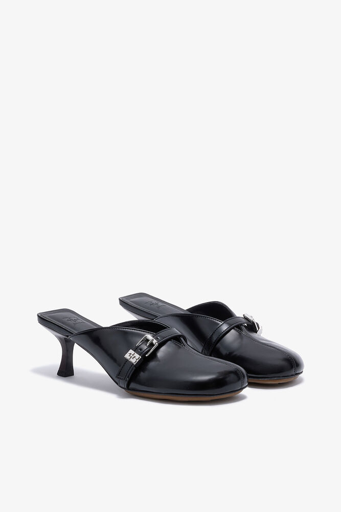 Sue Heeled Mules in Black Oleatex, Black