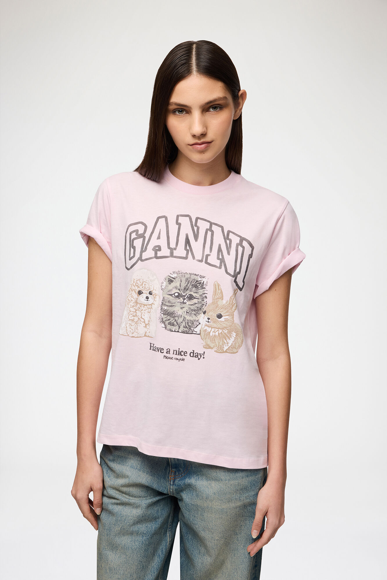 T-shirt with Animals, Organic Cotton, in colour Chalk Pink - 1 - GANNI