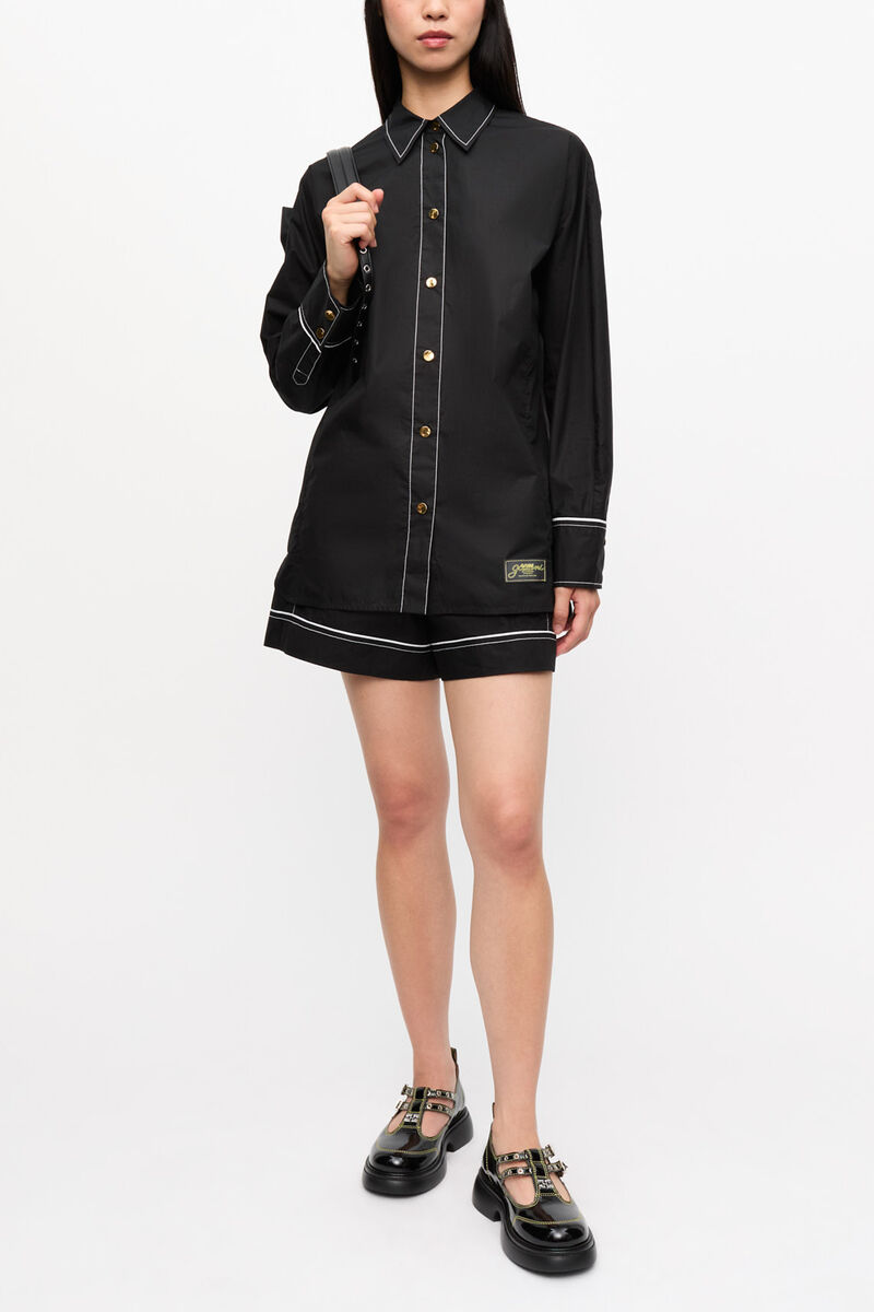 Black Cotton Poplin Raglan Shirt, Organic Cotton, in colour Black - 3 - GANNI