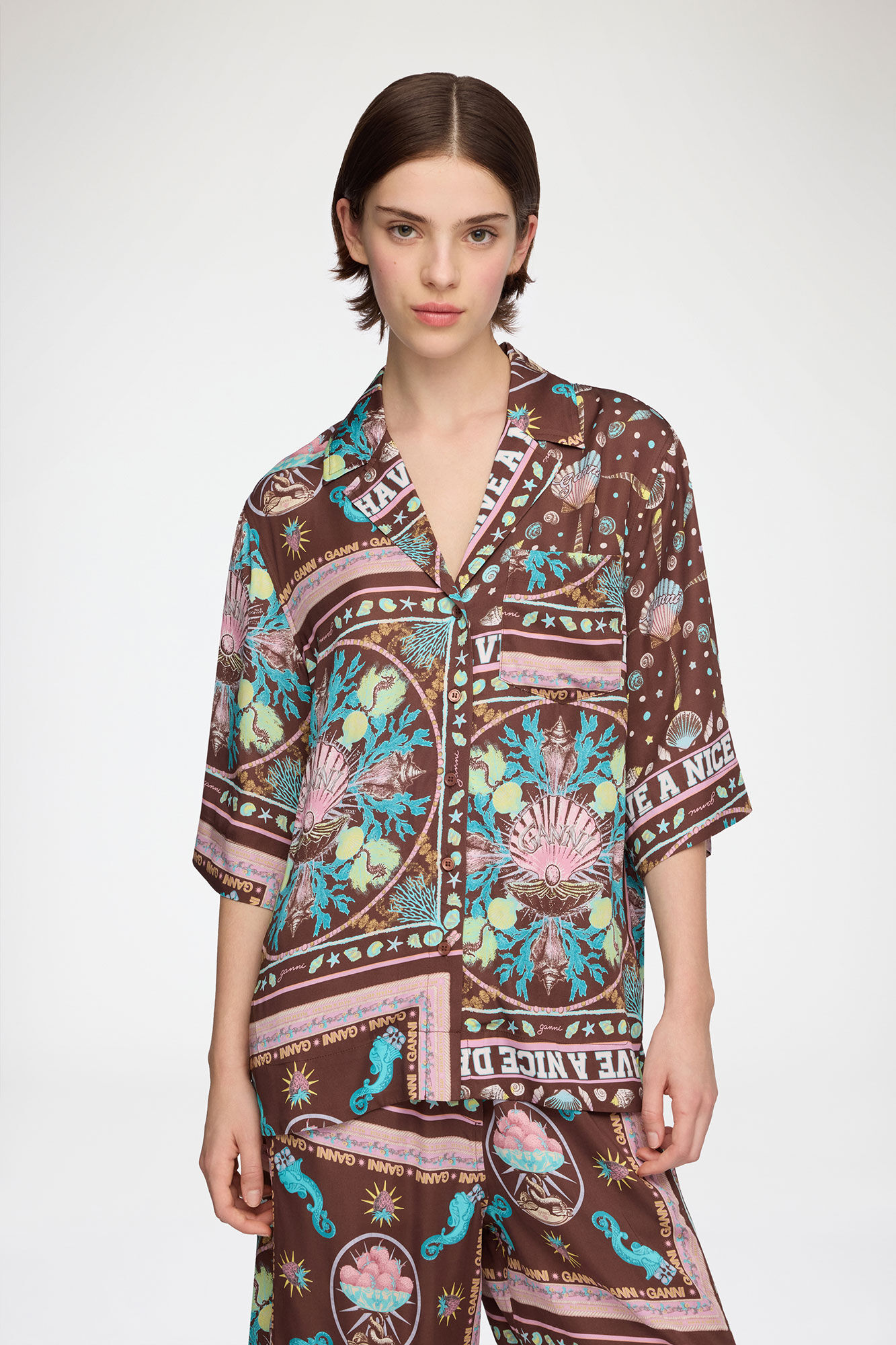 Shirt in Printed Twill, Viscose, in colour Chicory Coffee - 1 - GANNI