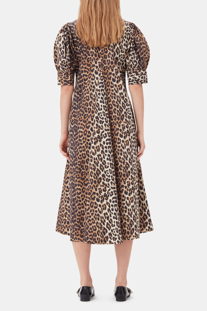 Leopard Cotton Poplin V-neck Maxi Dress, Leopard
