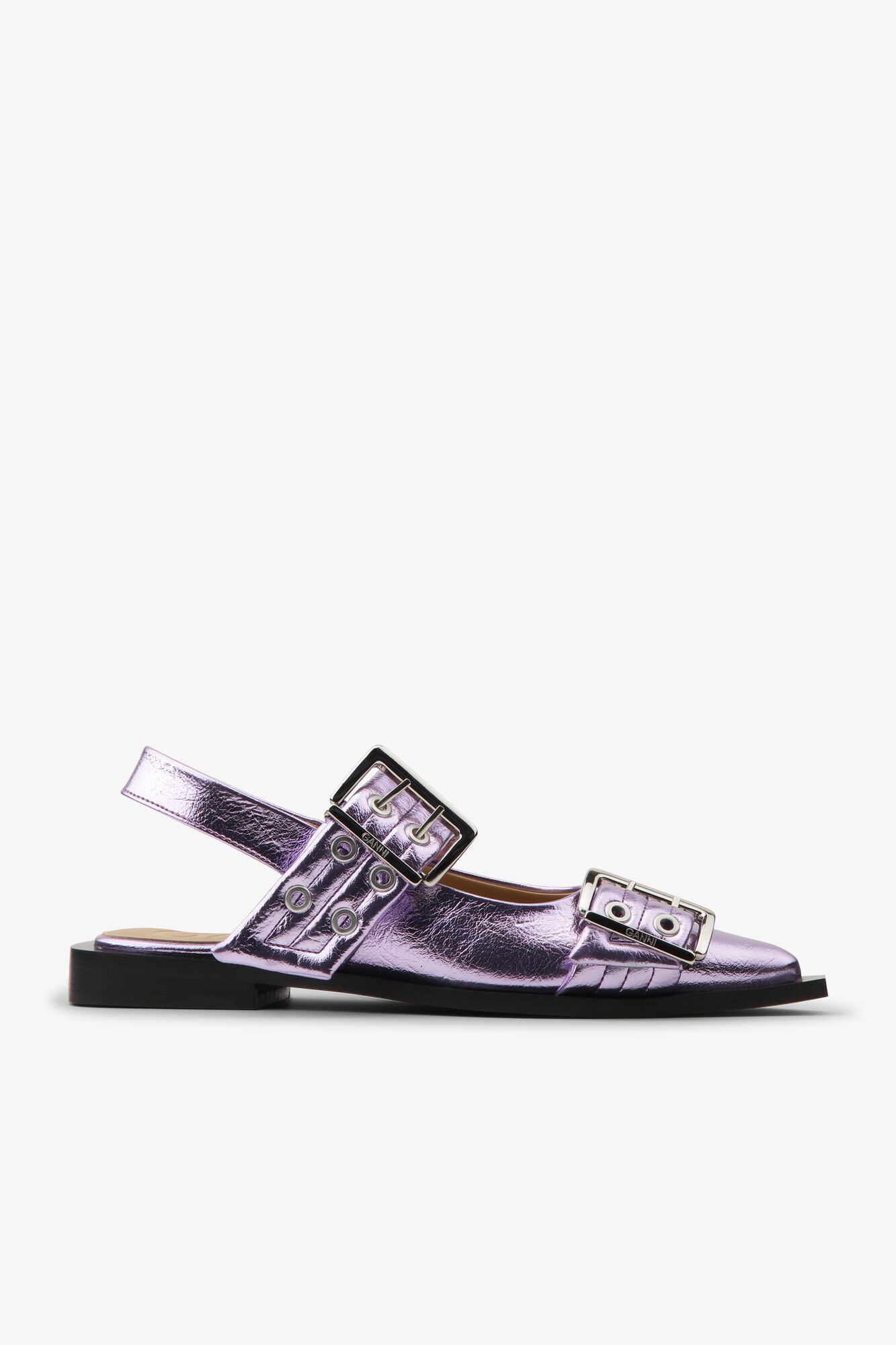 Pink Metallic Feminine Buckle Ballerinas, Recycled Leather, in colour Pink Lavender - 1 - GANNI