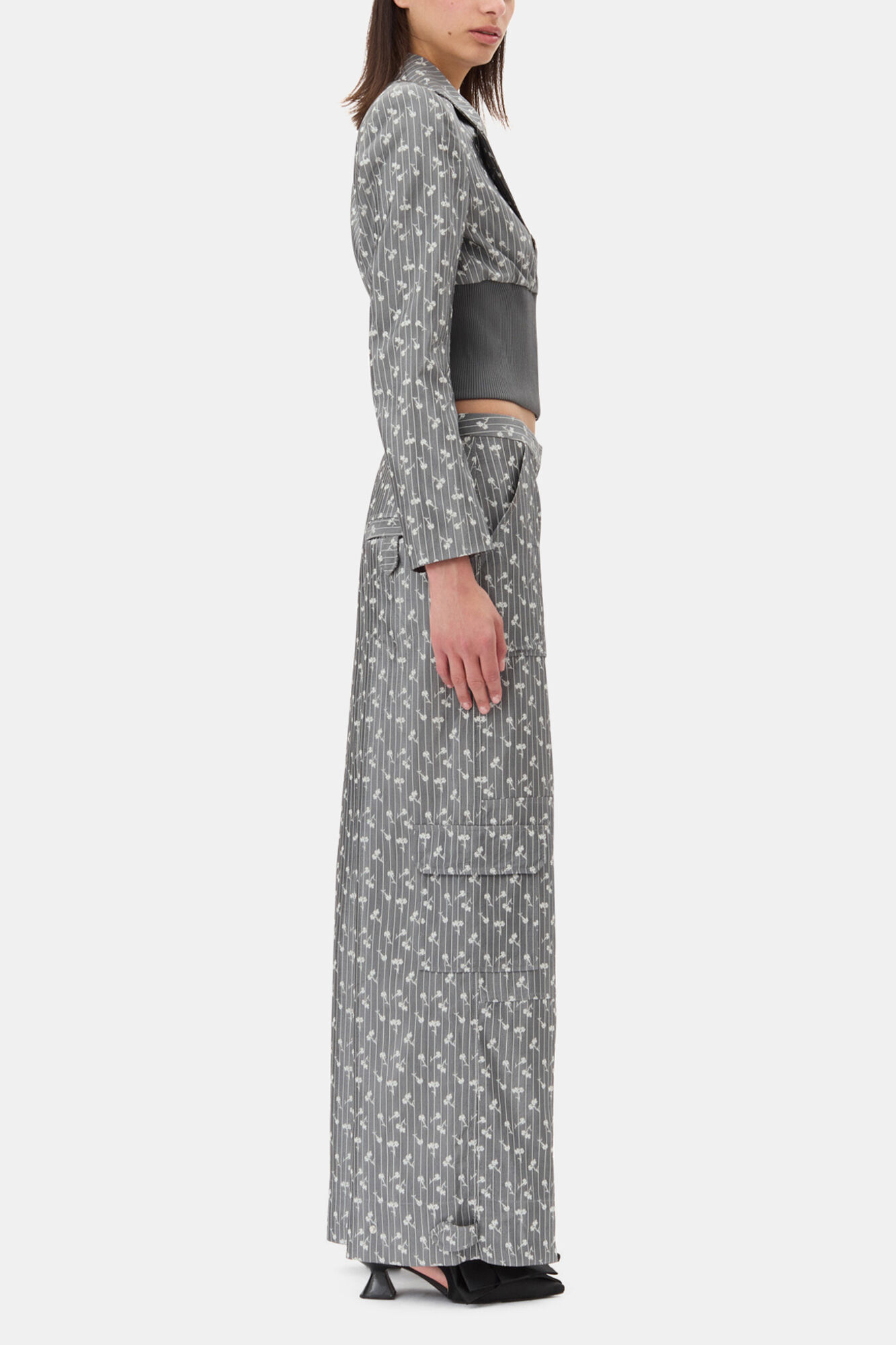 Grey Jacquard Cropped Blazer, Acetate, in colour Smoked Pearl - 3 - GANNI