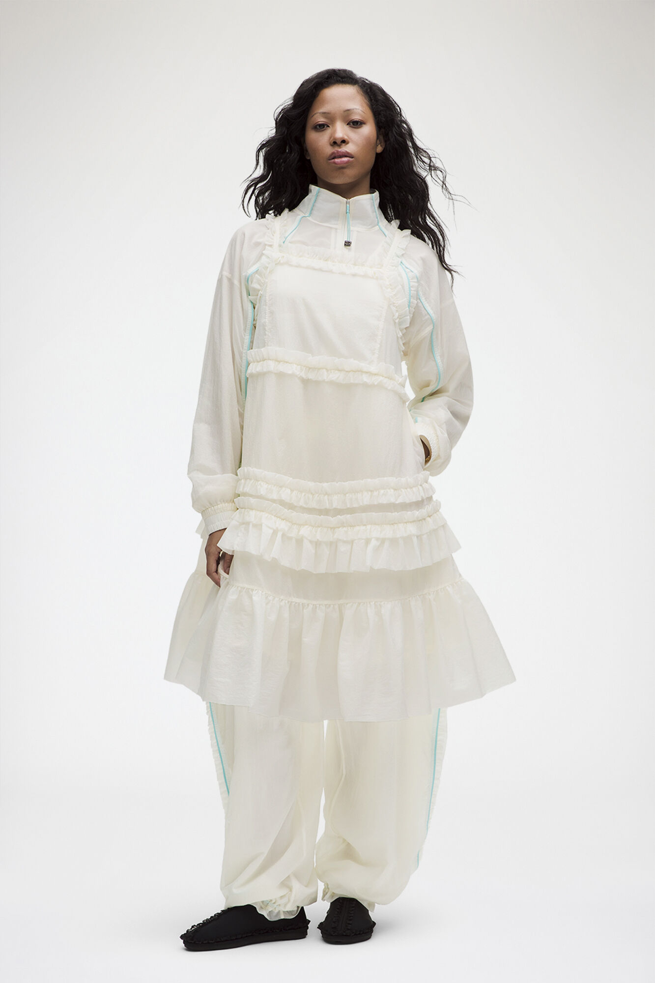 Ruffle-Trim Textured Midi Dress, Recycled Polyamide, in colour Coconut Ivory - 6 - GANNI