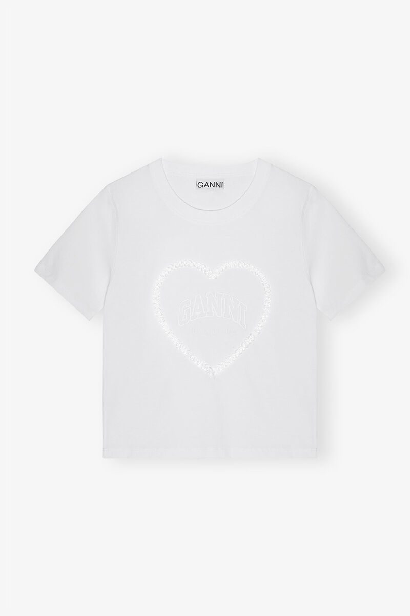 White Cropped Heart T-Shirt, Organic Cotton, in colour Bright White - 1 - GANNI