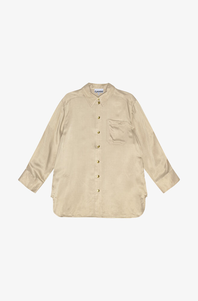 Beige Washed Satin Shirt, Safari