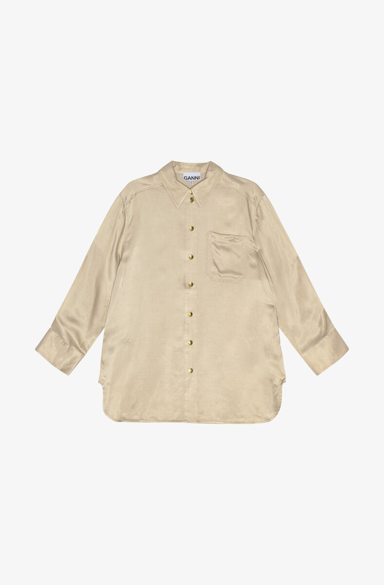 Beige Washed Satin Shirt, LENZING™ ECOVERO™, in colour Safari - 1 - GANNI