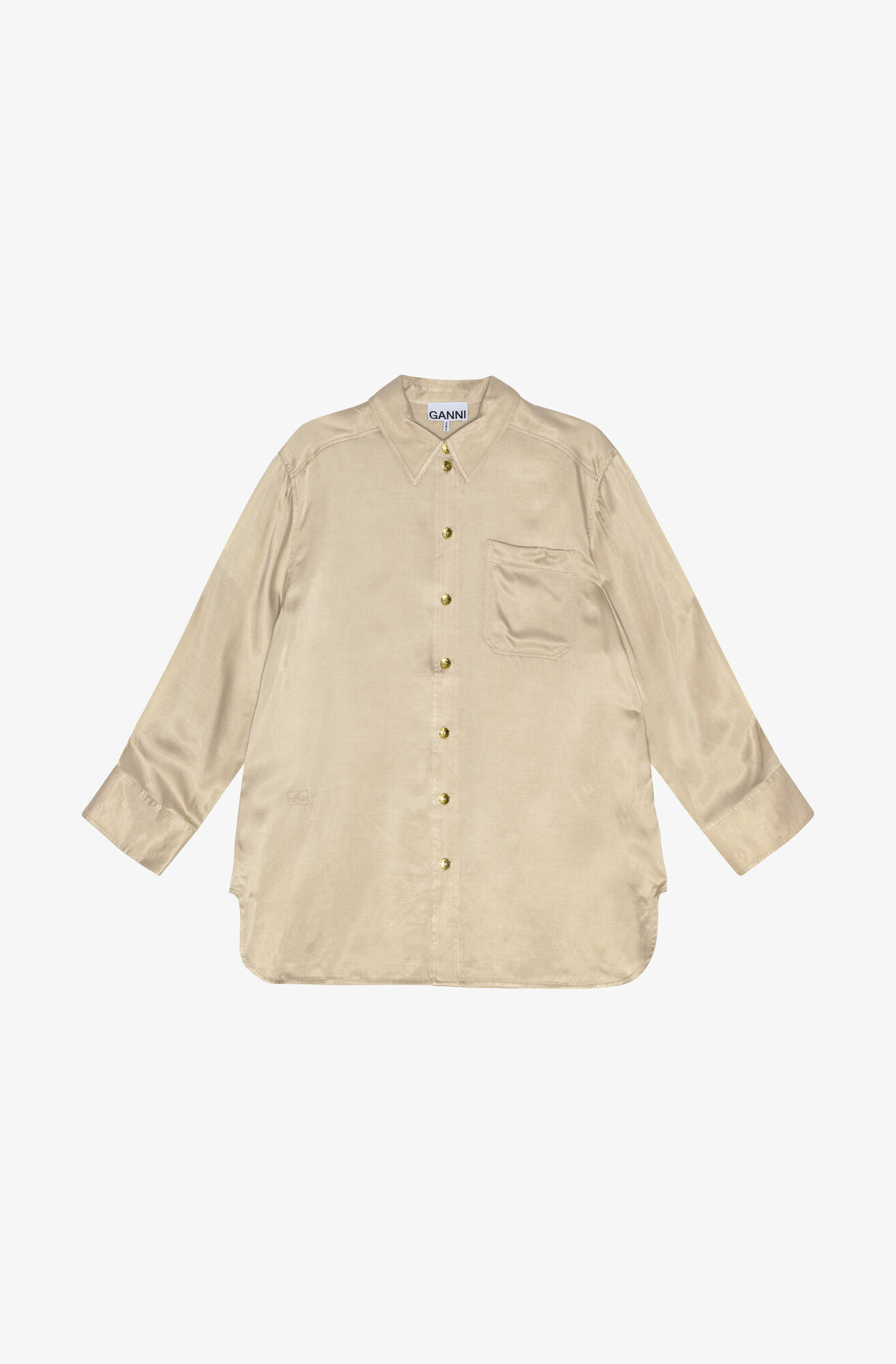 Beige Washed Satin Shirt, LENZING™ ECOVERO™, in colour Safari - 1 - GANNI