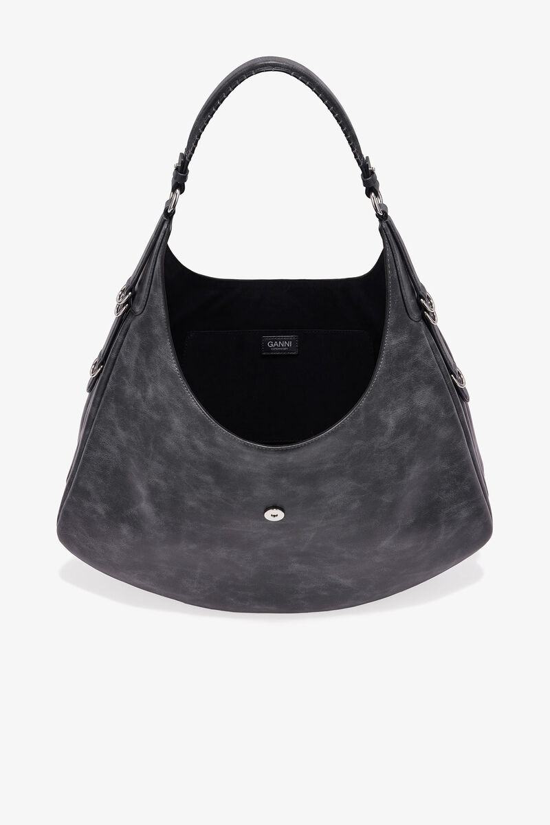 Large Kat Bag in Grey, Recycled Leather, in colour Ebony - 3 - GANNI