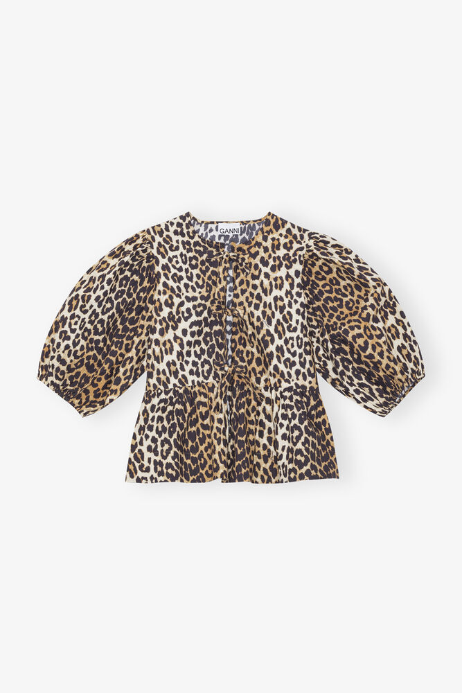 Leopard Cotton Poplin Peplum Tie Blouse, Leopard