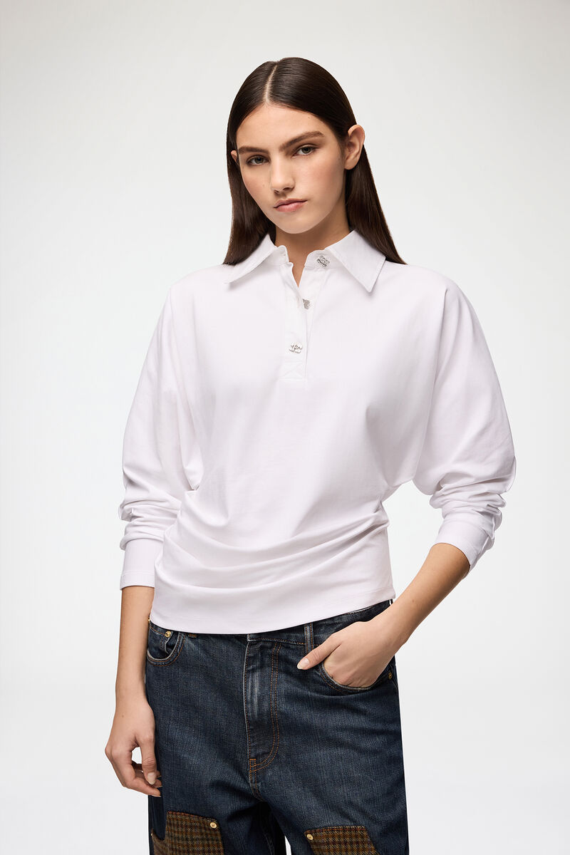 Polo Shirt in White Jersey, Organic Cotton, in colour Bright White - 1 - GANNI