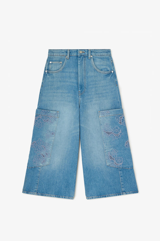 Cropped Cargo Jeans in Blue Denim, Mid Blue Vintage