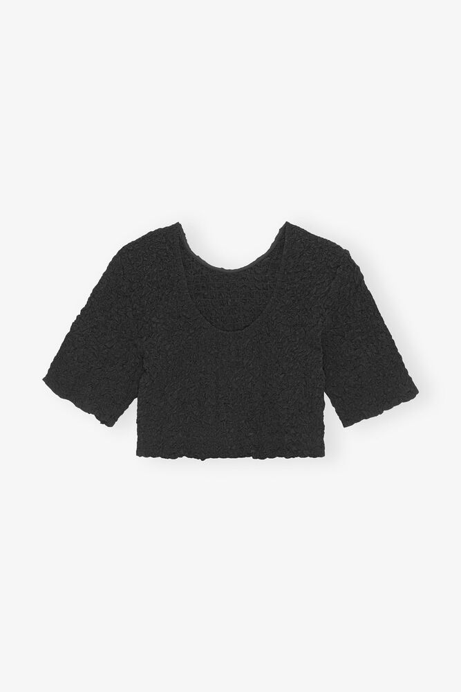 Black Cotton Poplin O-neck Cropped Smock Top, Black