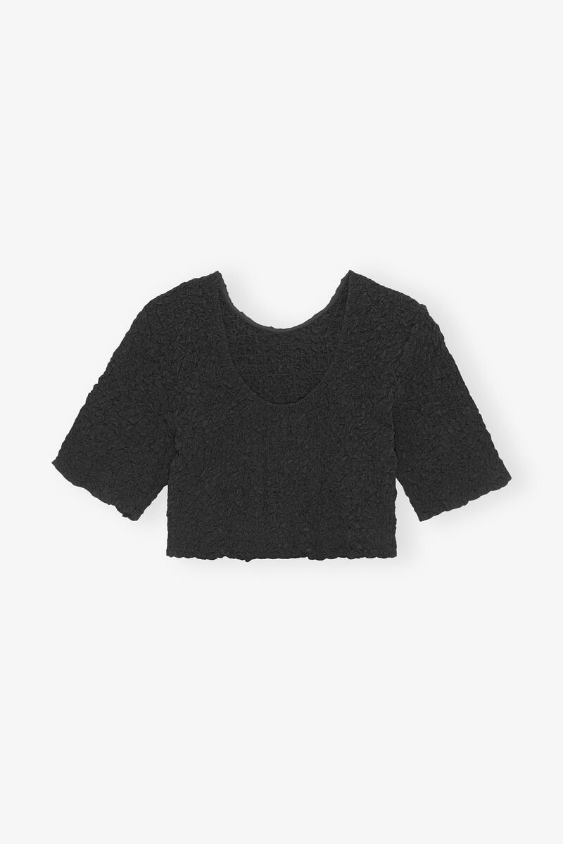 Black Cotton Poplin O-neck Cropped Smock Top, Organic Cotton, in colour Black - 2 - GANNI