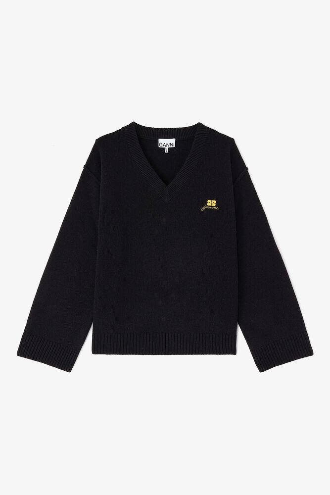 Wool Mix V-Neck Sweater, Black