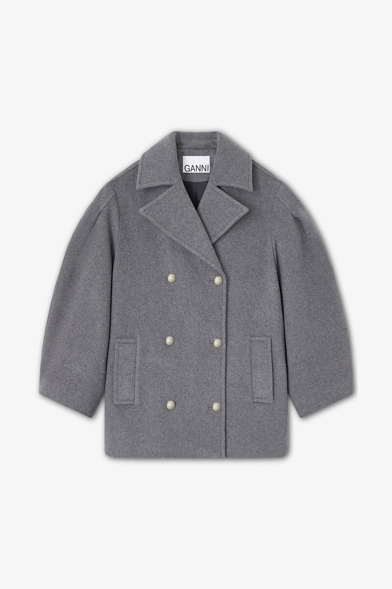 Grey Wool Oversized Midi Peacoat, Recycled Wool, in colour Pewter - 1 - GANNI