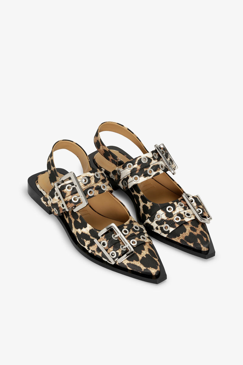 Feminine Buckle Ballerinas in Leopard Satin, Recycled Polyester, in colour Leopard - 3 - GANNI