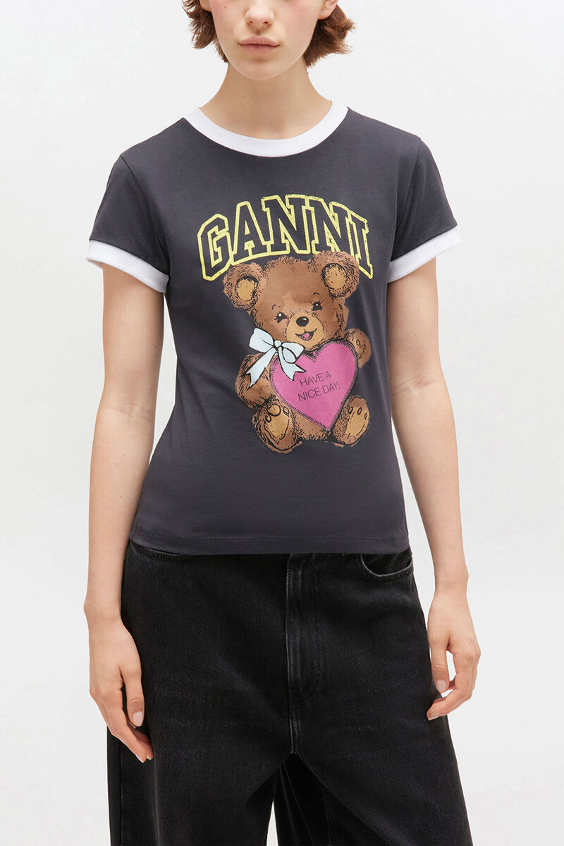 Black Cropped Teddy T-shirt, Organic Cotton, in colour Phantom - 1 - GANNI