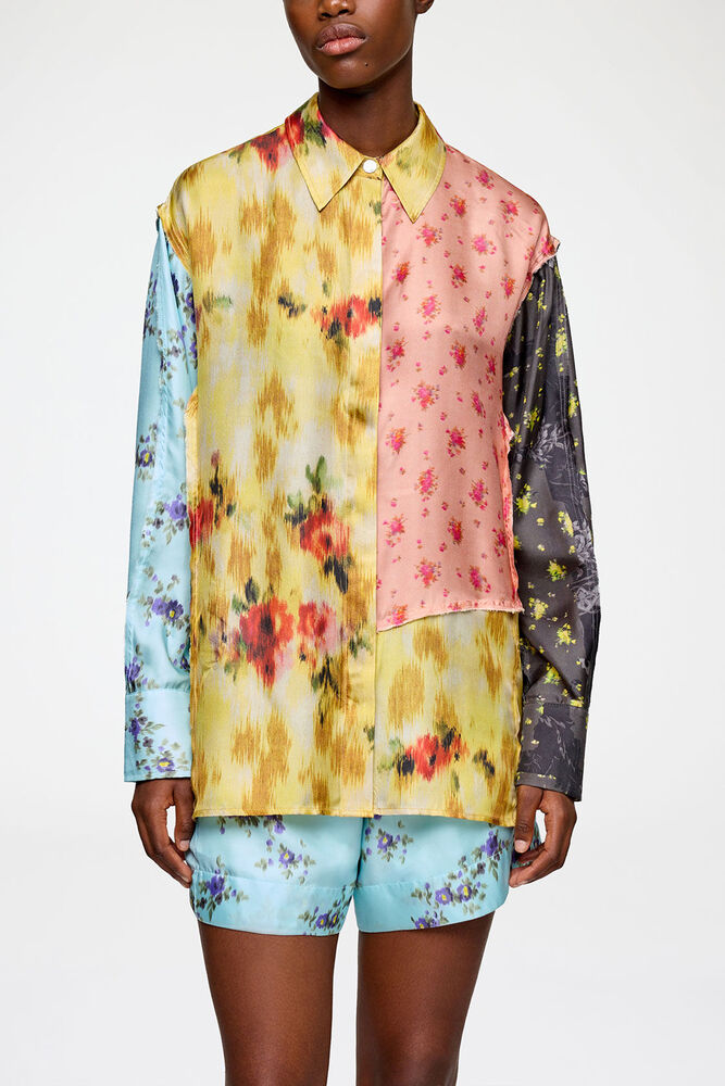 Shirt in Multi Printed Silk, Iced Aqua