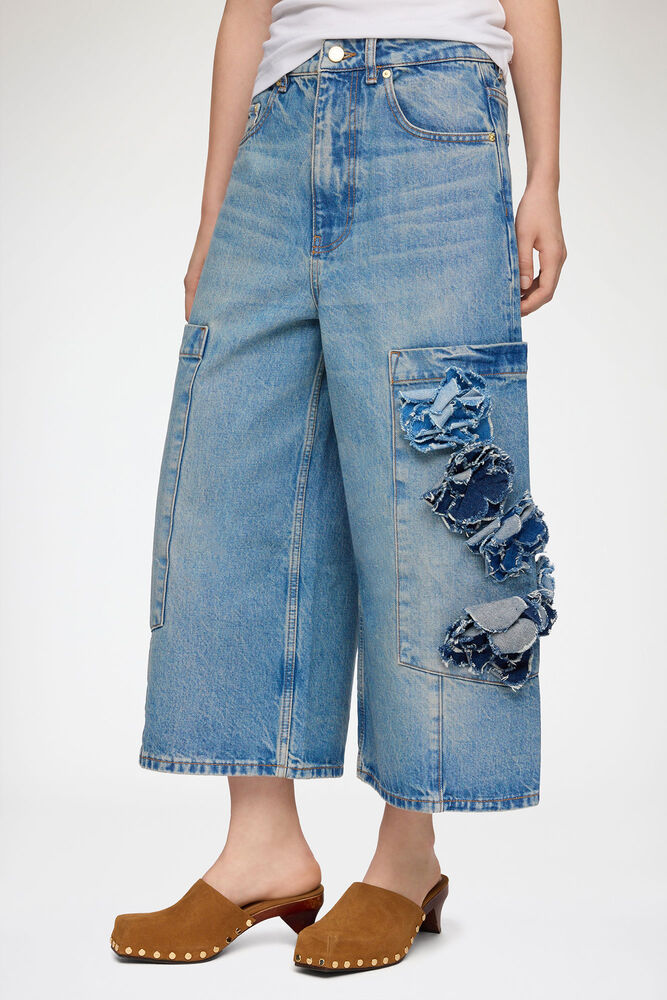 Baggy Cropped Jeans in Flower Print Denim, Mid Blue Stone