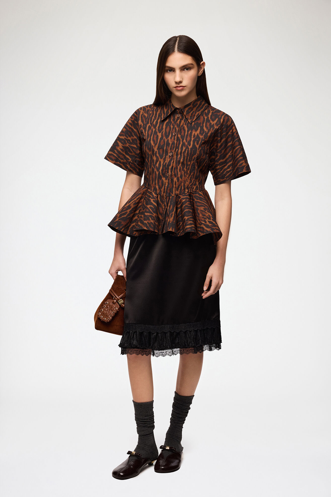 Hemd aus Baumwolle in Leopard, Organic Cotton, in colour Rawhide - 2 - GANNI