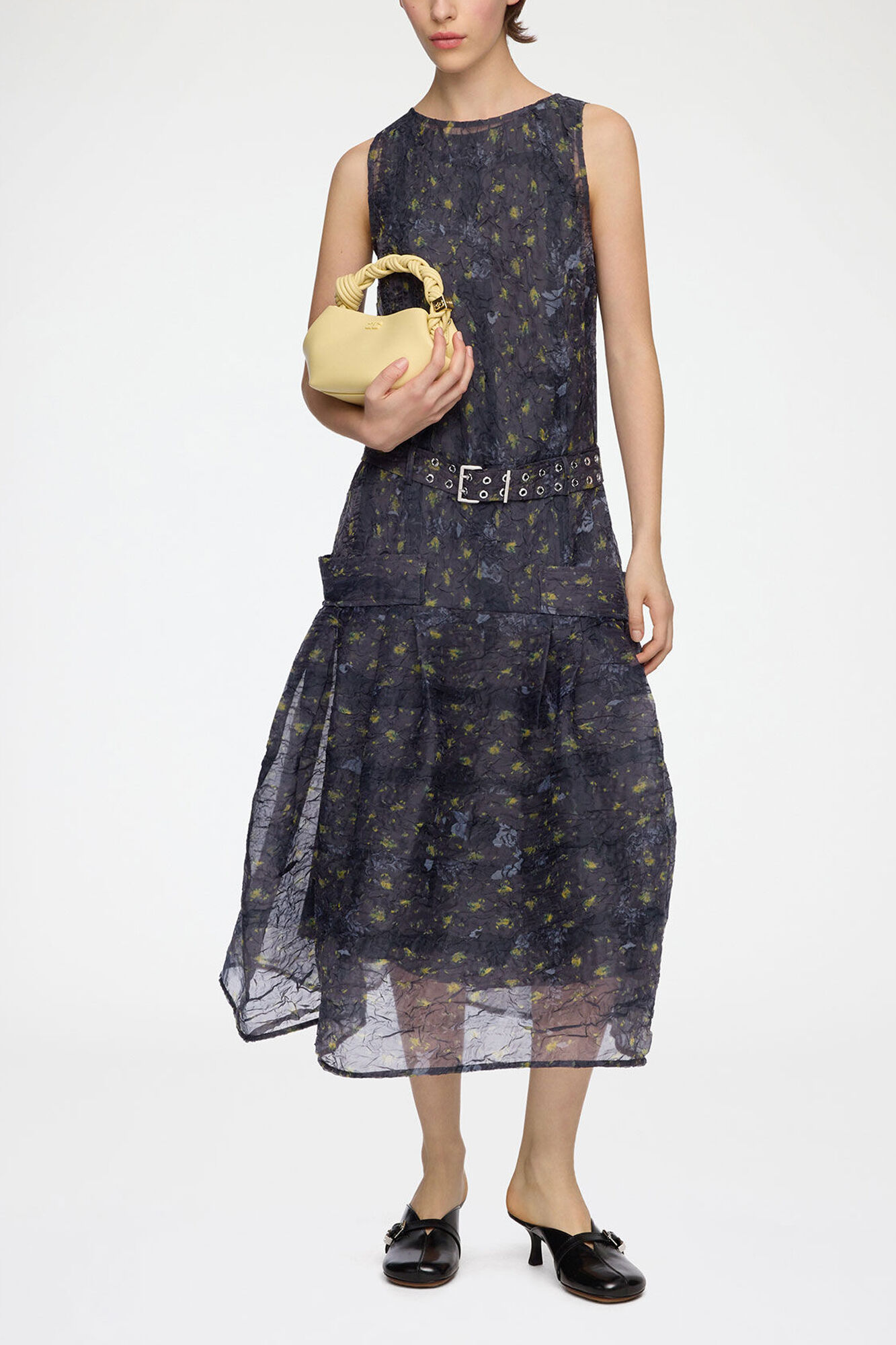Dress in Shibori Organza, Recycled Polyester, in colour Black Sand - 1 - GANNI