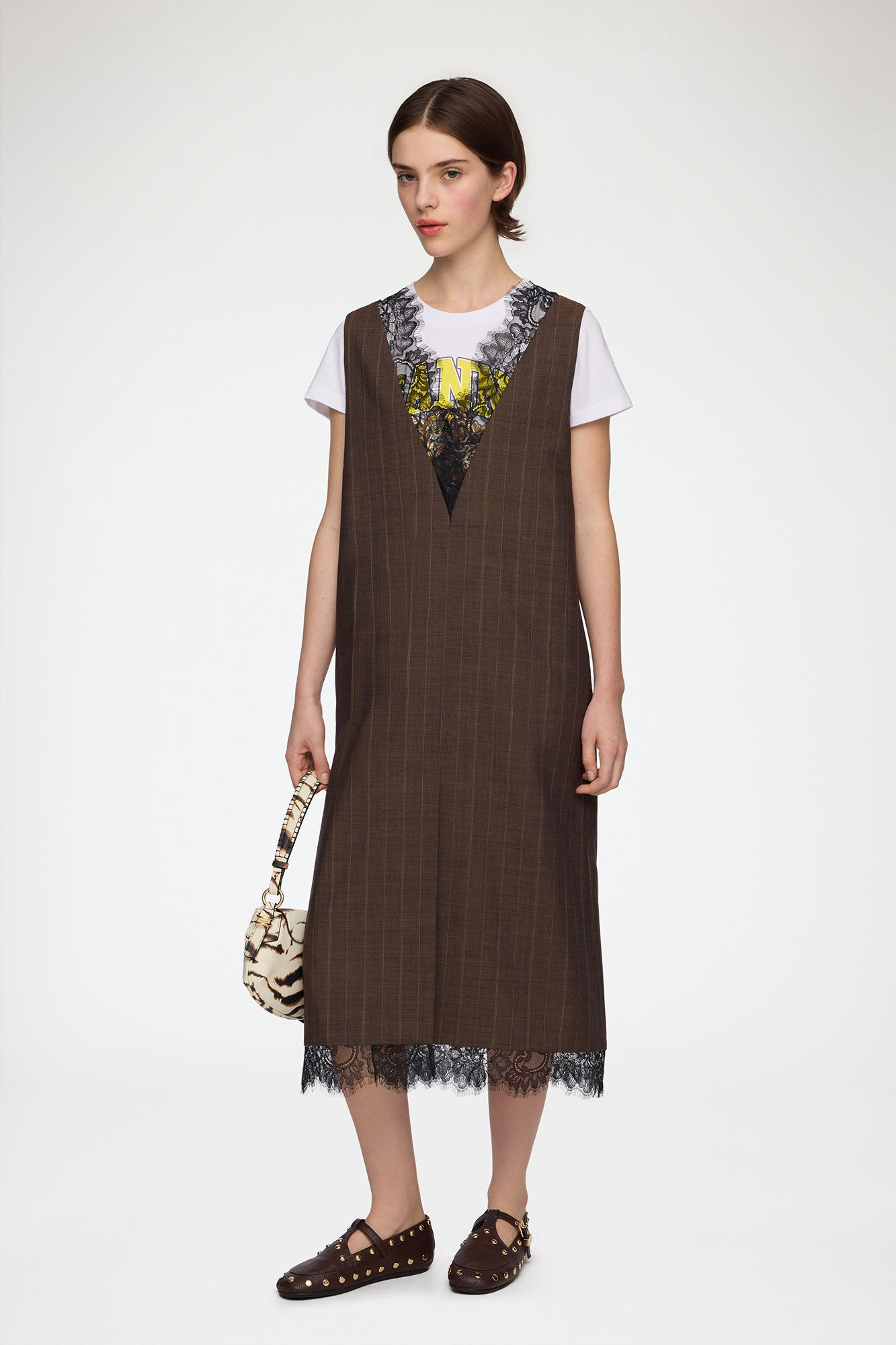 Dress in Brown Pinstripe Wool, Wool, in colour Rain Drum - 1 - GANNI