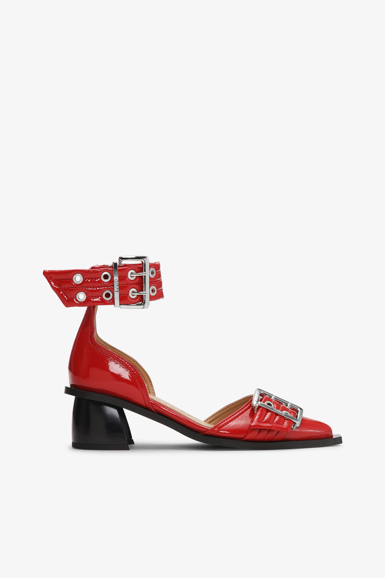 Red Feminine Buckle Open Cut Pumps, Polyurethane, in colour Racing Red - 1 - GANNI