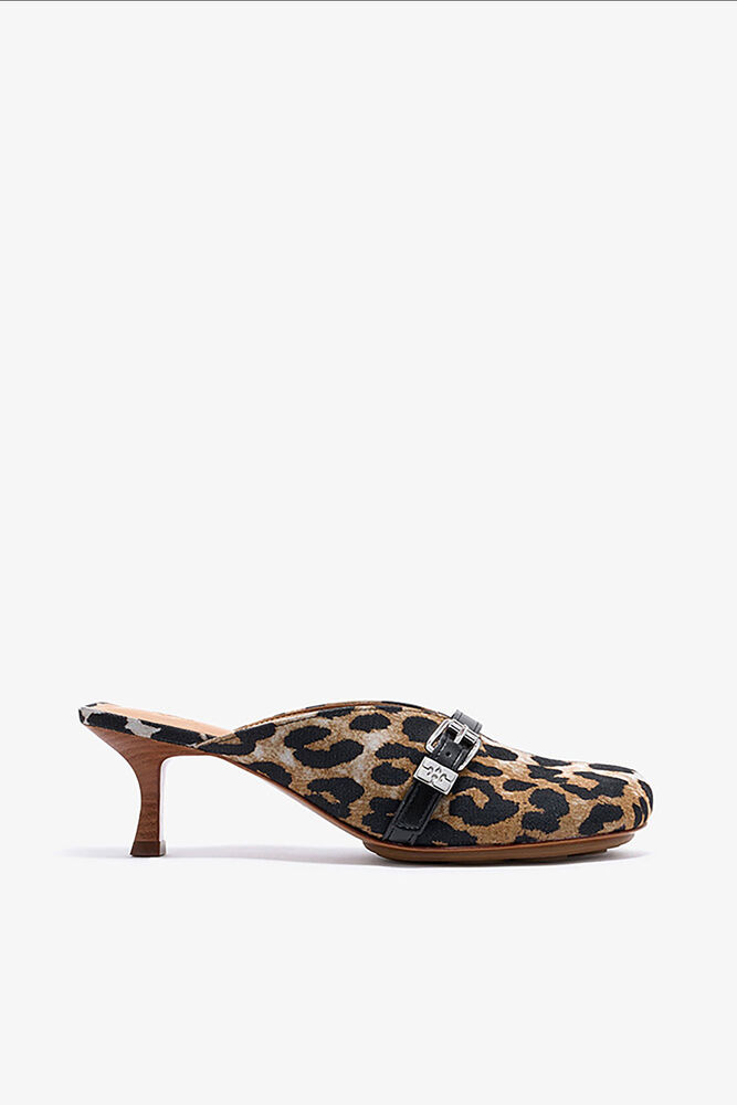 Sue Heeled Mules in Leopard, Almond Milk